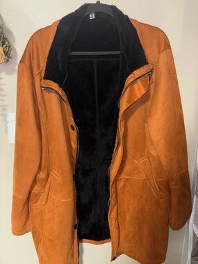 Rust Suede-Look Coat with Black Faux Fur Lining